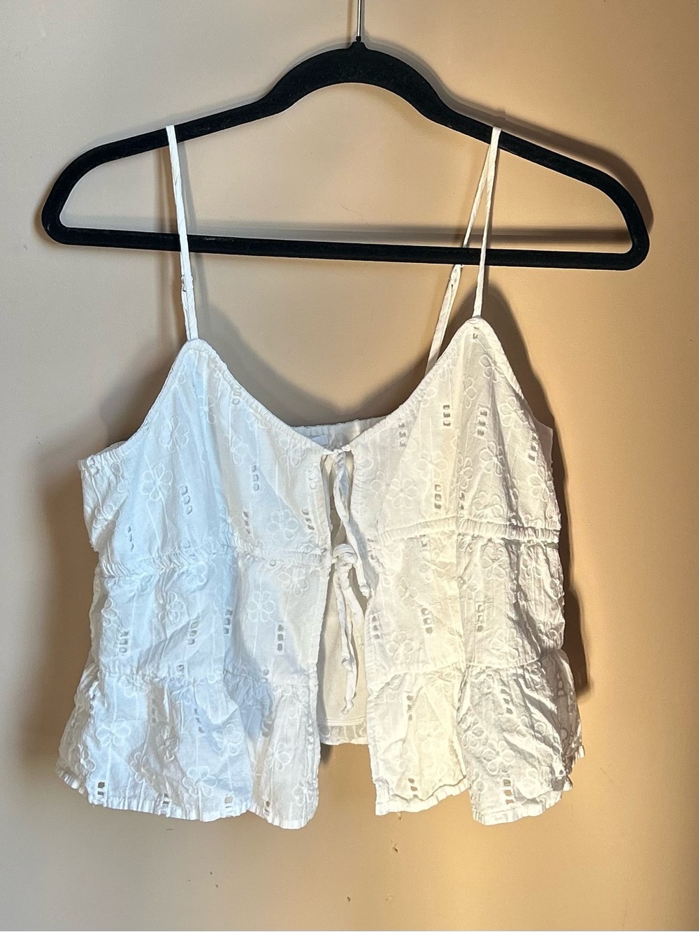 White Eyelet Tie-Front Spaghetti Strap Top - Women